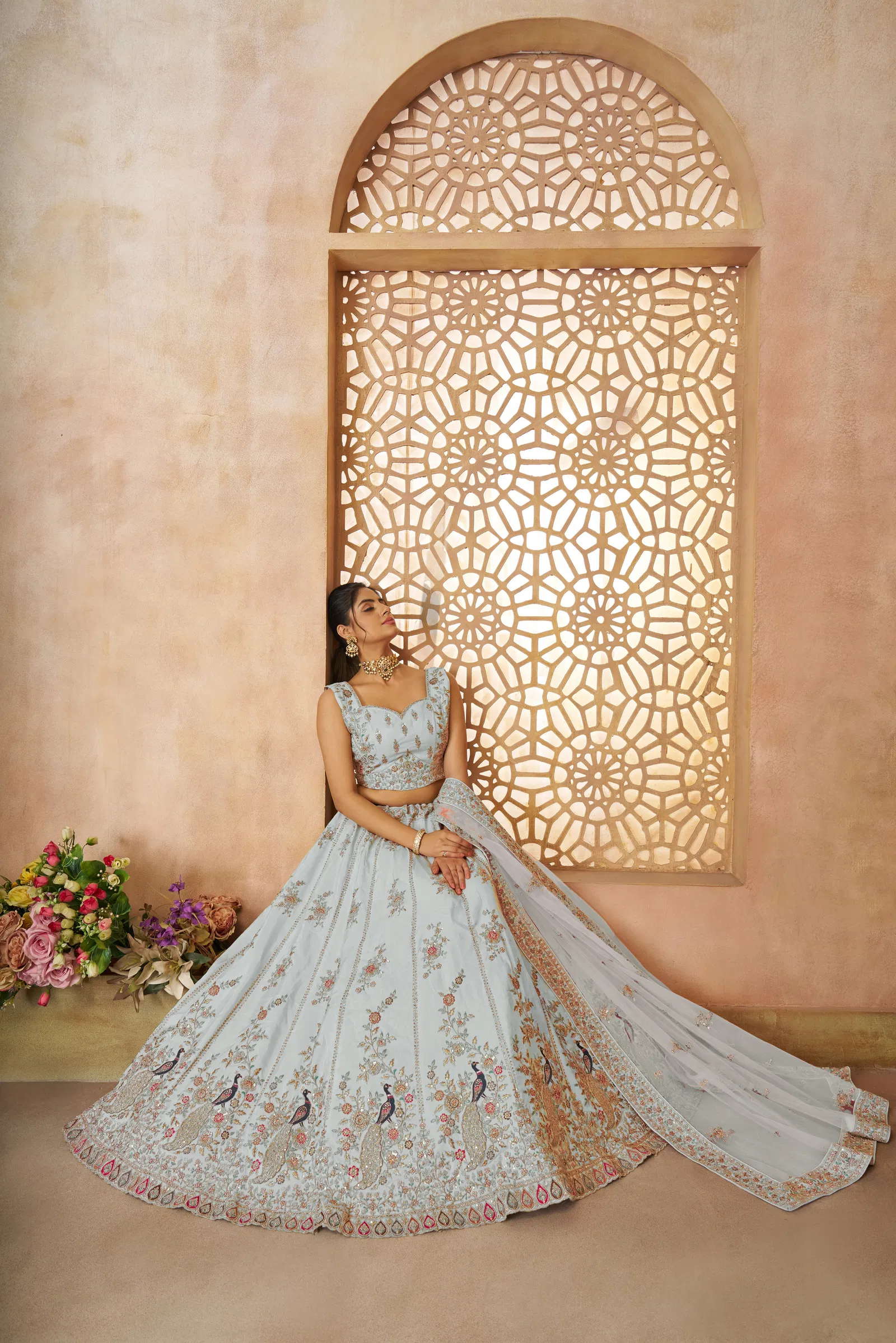 Kf 35 Sky Blue Zari Silk Embroidery Work Lehenga Choli & Dupatta Wholesalers In Delhi